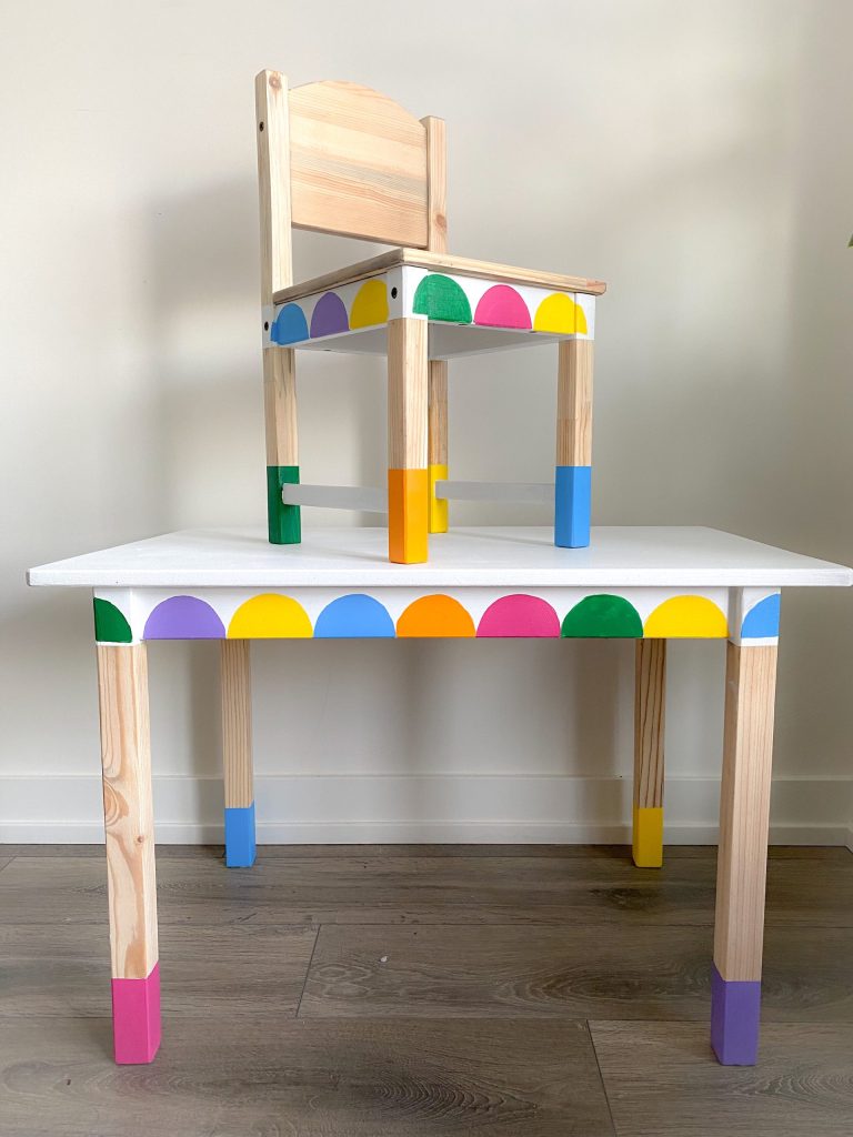 Kids craft table with rainbow scallops