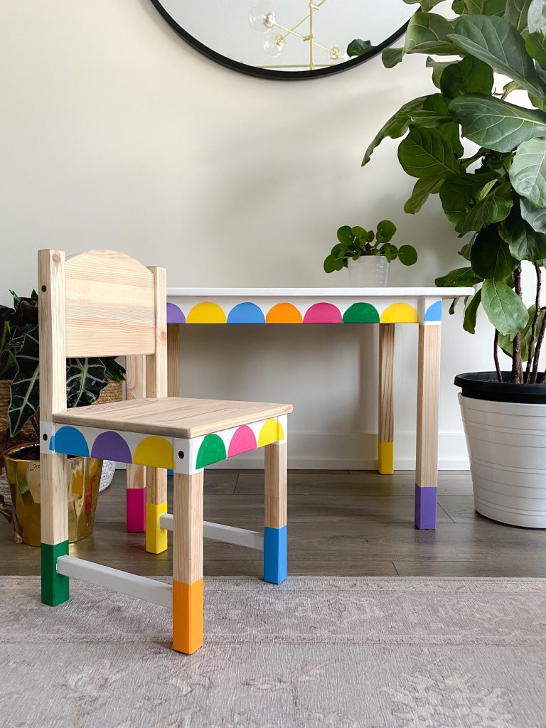 Kids craft table for a rainbow room with scallop detailing