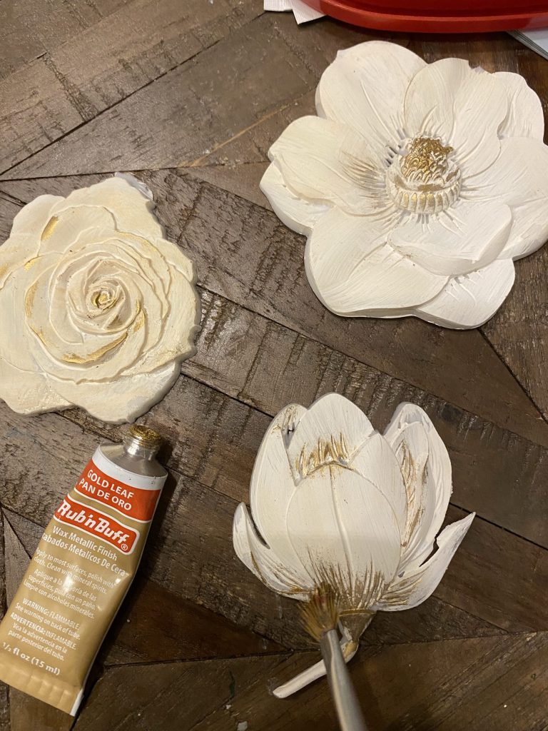 DIY Dresser Makeover - Resin flowers painted white and gold