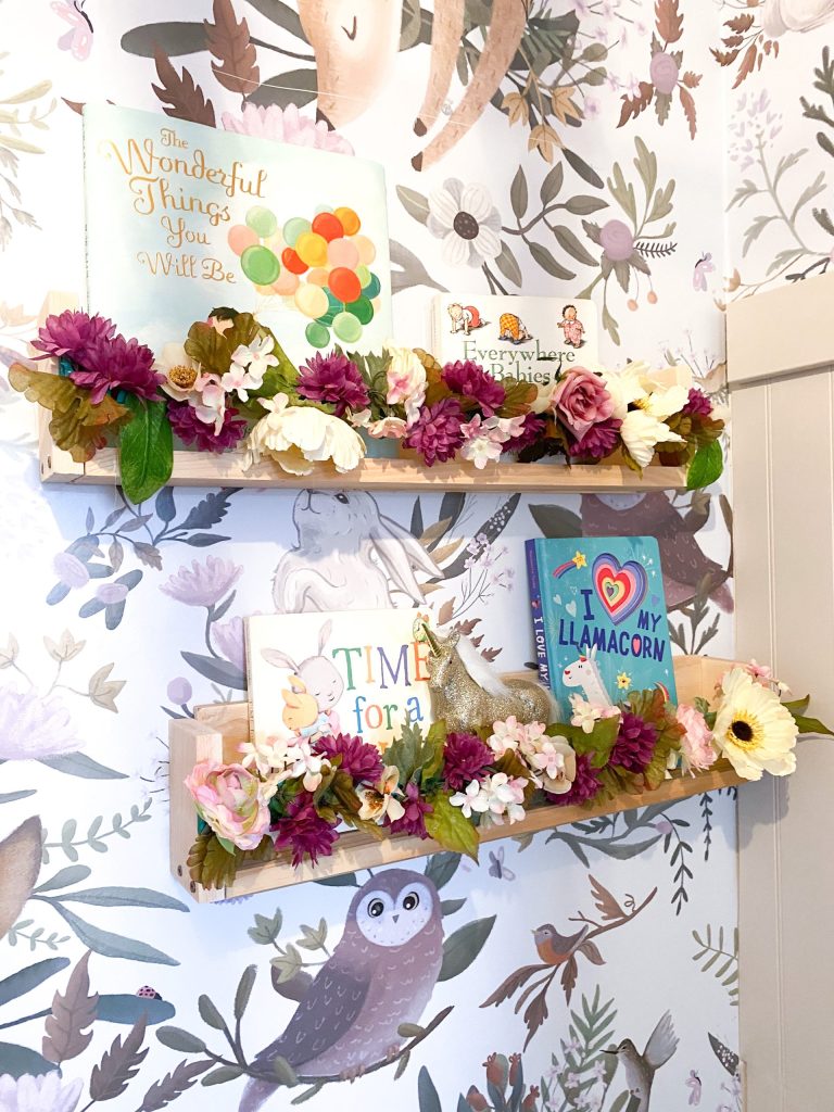 Flower bookshelf in Woodlands Baby girl nursery