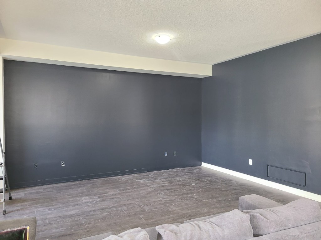Accent wall painted in Sherwin Williams Cyberspace.