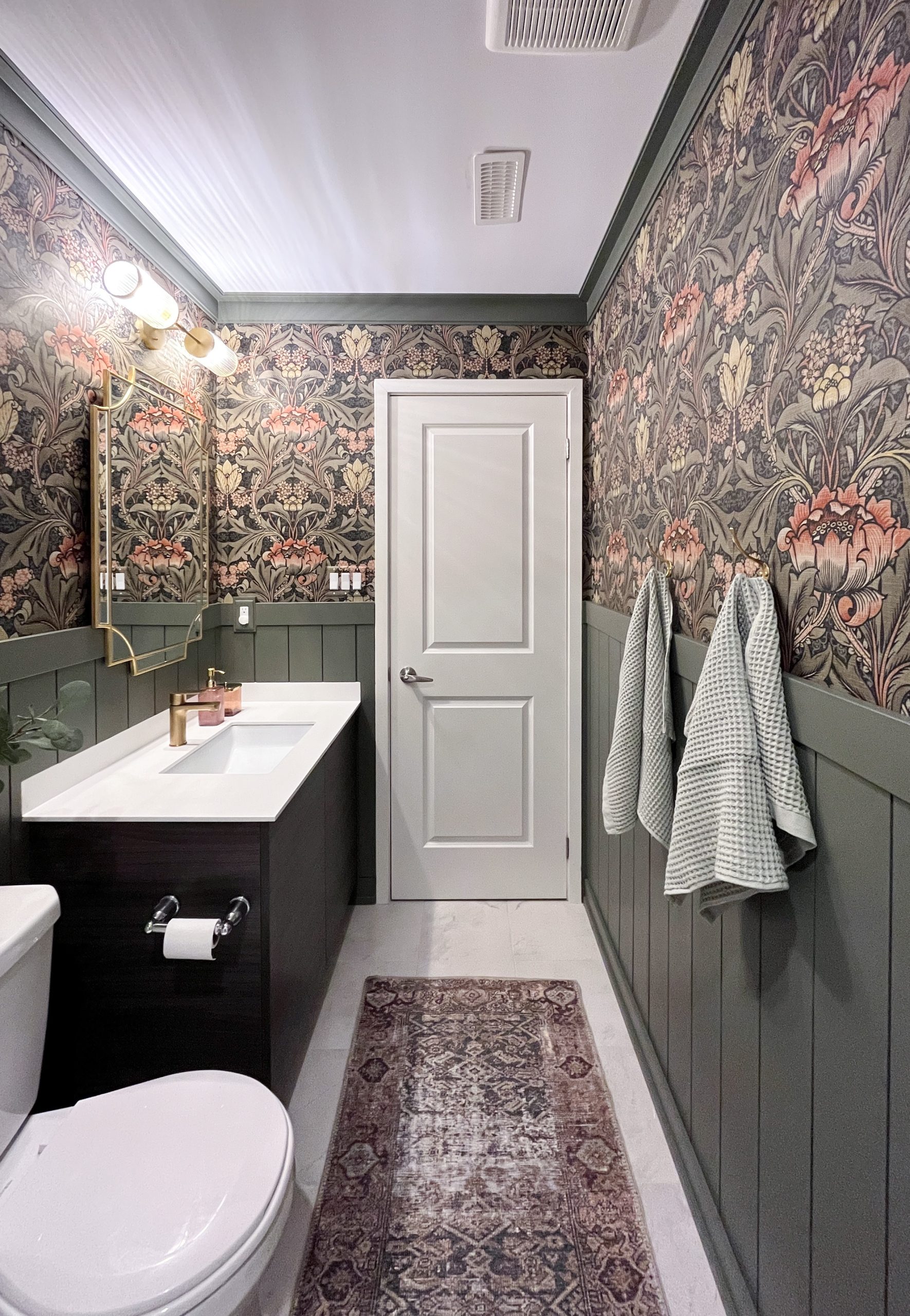 bathroom with william morris inspired peel and stick wallpaper