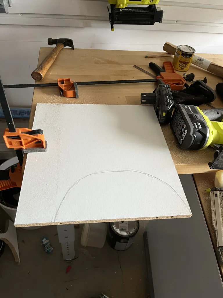 cutting out semicircles in wood for the ikea hemnes shoe cabinet hack